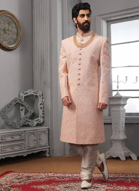 Pink Colour Wedding Wear Embroidery Work Sherwani Groom Latest Collection 9019